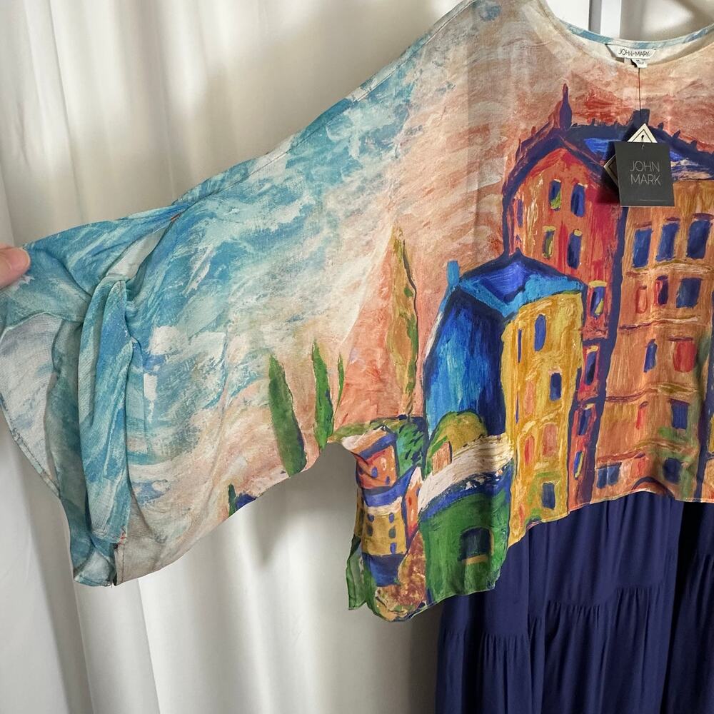 NWT John Mark‎ Tiered Printed Crew Neck Short Sleeve Dress M Artsy Cruise Modest - Picture 3 of 14